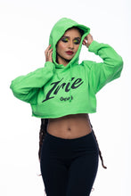 Load image into Gallery viewer, Green cropped hoodie with irie graphic. Hand-printed Jamaican streetwear designs on the front, back, and sleeve for added style by Cooyah.
