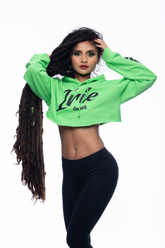Cooyah Clothing lime green cropped hoodie with irie Jamaica graphic.  Hand-printed Jamaican streetwear designs on the front, back, and sleeve for added style.