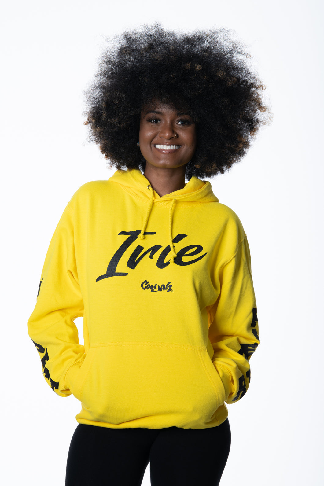 Cooyah Jamaica. Women's Irie yellow pullover hoodie.  Jamaican reggae clothing.