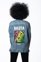 Load image into Gallery viewer, Cooyah Jamaica.  Women&#39;s Denim Jean Jacket with Rasta Lion graphics.  Jamaican rootswear clothing.  
