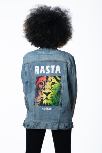 Cooyah Jamaica.  Women's Denim Jean Jacket with Rasta Lion graphics.  Jamaican rootswear clothing.  