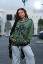 Load image into Gallery viewer, Cooyah rootswear women&#39;s rasta hoodie with Dread and Lion graphic in olive green. Jamaican streetwear clothing.  IRIE
