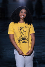 Load image into Gallery viewer, Cooyah Jamaica. Women&#39;s African Warrior graphic tee in yellow. Short sleeve, soft, ringspun cotton.
