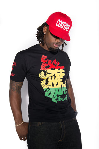 Cooyah Jamaica.  Men's See We Yah graphic tee screen printed in rasta colors.  Jamaican streetwear clothing brand.