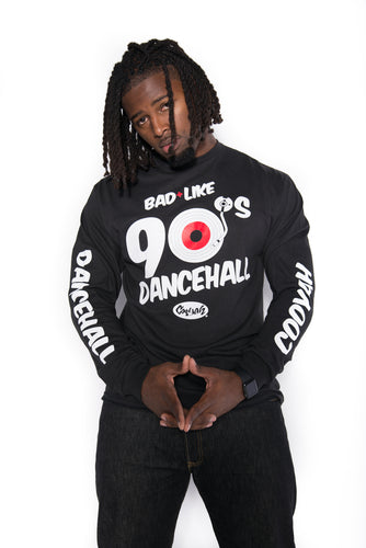 Cooyah Bad Like 90’s Dancehall Men's Long Sleeve Tee in black.  Jamaican clothing streetwear style since 1987.