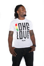 Load image into Gallery viewer, Cooyah Jamaica. One Love men&#39;s graphic tee in black. Crew neck, short sleeve, ringspun cotton screen printed in reggae colors. Jamaican clothing brand.
