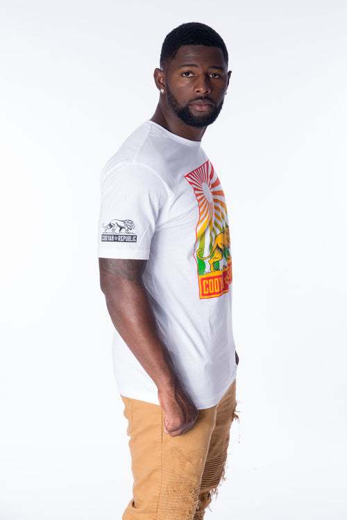 Cooyah Jamaica. Men's short sleeve Reggae Republic T-Shirt with Lion and Sun graphic in rasta colors. Jamaican rootswear clothing brand.