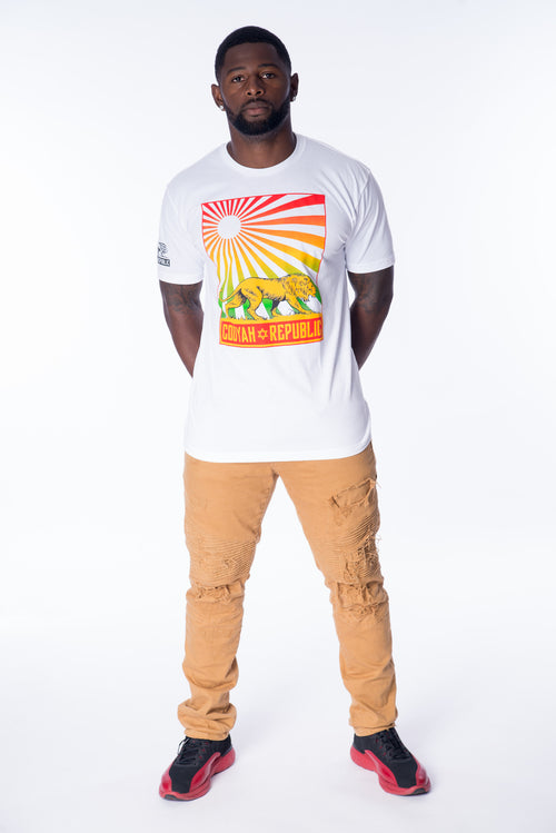 Cooyah Jamaica. Men's short sleeve Reggae Republic T-Shirt with Lion and Sun graphic in rasta colors. Jamaican rootswear clothing brand.
