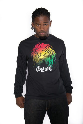 Cooyah Jamaica long sleeve men's Rasta Lion with Dreads Tee Shirt, Ring Spun, Crew Neck, Street Wear Reggae Style