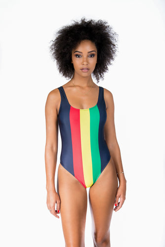 Cooyah Jamaica.  Women's 1 piece rocksteady swimsuit with reggae colors.  Jamaican Beachwear clothing.