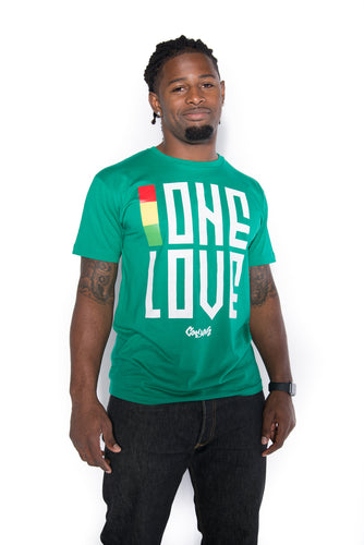 Cooyah Jamaica.  One Love men's graphic tee in green.  Crew neck, short sleeve, ringspun cotton  screen printed in reggae colors.  Jamaican clothing brand.