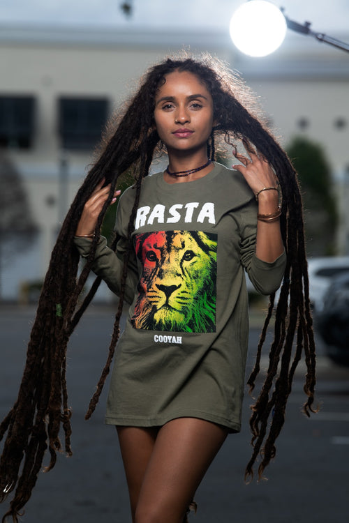 Cooyah Jamaica. Women's long sleeve Rasta Lion olive green Tee Shirt, Ring Spun, Crew Neck, Jamaican streetwear clothing - Reggae Style, IRIE
