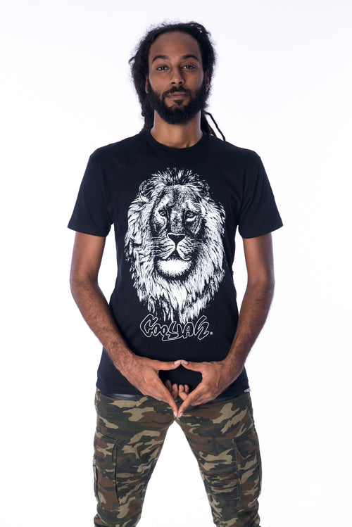 Cooyah Men's Big Face Lion Graphic Tee screen printed on a soft, 100% ringspun cotton black crew-neck t-shirt. Jamaican owned reggae clothing brand since 1987. IRIE