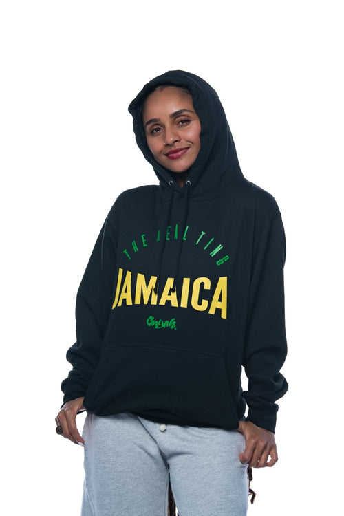 Cooyah Clothing brand.  Women's Jamaica No Problem Pullover Hoodie screen printed in Jamaican colors.