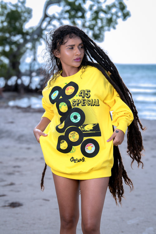 Cooyah Jamaica.  Rocksteady 45 RPM records pullover sweatshirt.  Vintage Reggae style design.  We are a Jamaican owned clothing brand established in 1987.