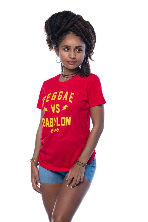 Cooyah Jamaica. Reggae VS Babylon tee in red. Women's short sleeve, ring spun cotton t-shirt. Jamaican streetwear clothing brand.