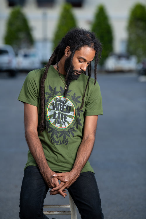 Cooyah Jamaica. Smoke Weed Live Longer Tee. Cannabis, Kush screen printed graphic tee in olive green. Men's short sleeve ringspun cotton t-shirt. Jamaican clothing brand.