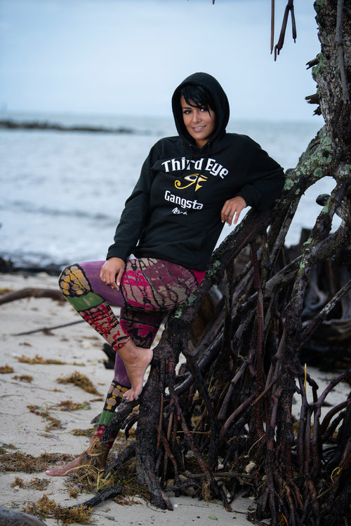 Cooyah Jamaica. Women's black eye of Rah, Third Eye Gangsta pullover hoodie. Jamaican clothing brand.