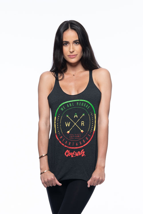 Cooyah Jamaica - Women's We Are Reggae WAR racerback tank top. Screen printed in rasta colors. Jamaican clothing brand.