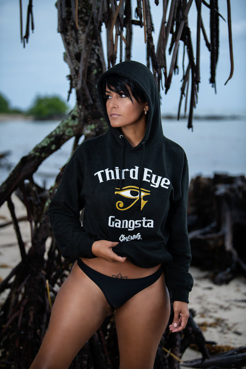 Cooyah Jamaica. Women's black Third Eye Gangsta pullover hoodie. Jamaican clothing brand.