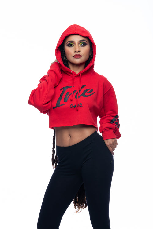 Cooyah Clothing - Women's red cropped hoodie with irie graphic. Hand-printed Jamaican streetwear designs on the front, back, and sleeve for added style by Cooyah.