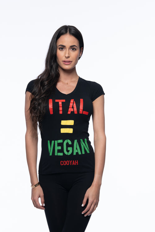 Cooyah Jamaica graphic tee in black. Women's v-neck, short sleeve t-shirt. Jamaican clothing brand. Ital Equals Vegan