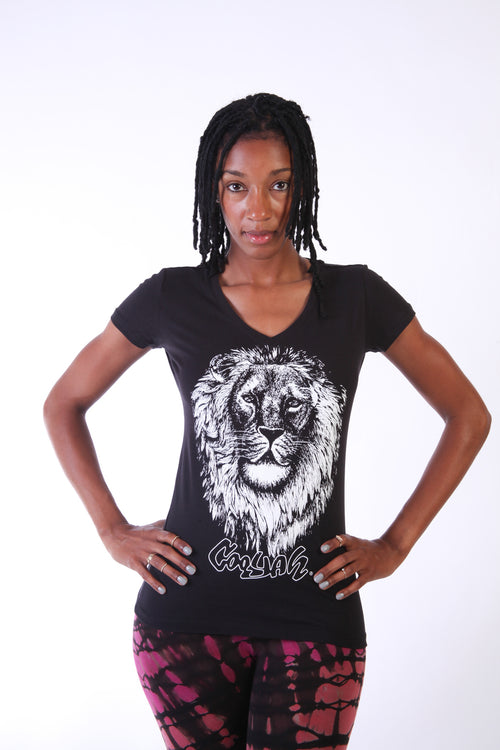 Cooyah Jamaica. Women's rasta lion t-shirt screen printed on soft, 100% ringspun cotton. We are a Jamaican owned reggae clothing brand since 1987.  IRIE