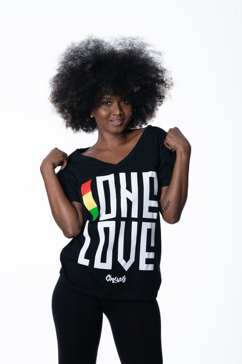 Cooyah Jamaica. One Love women's graphic tee in black. V-Neck, short sleeve, ringspun cotton screen printed in reggae colors. Jamaican clothing brand.