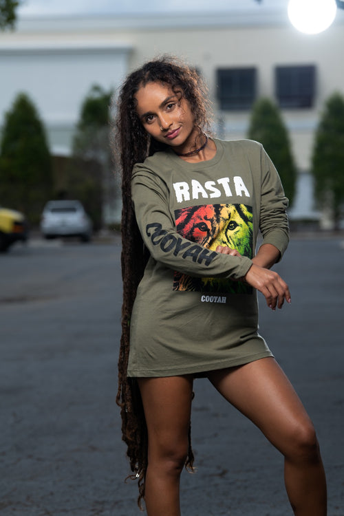 Cooyah Jamaica. Women's long sleeve Rasta Lion olive green Tee Shirt, Ring Spun, Crew Neck, Jamaican streetwear  clothing - Reggae Style, IRIE