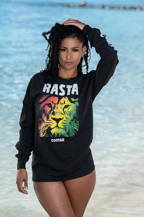 Cooyah Jamaica. Women's long sleeve Rasta Lion black Tee Shirt, Ring Spun, Crew Neck, Beachwear Jamaican clothing - Reggae Style, IRIE