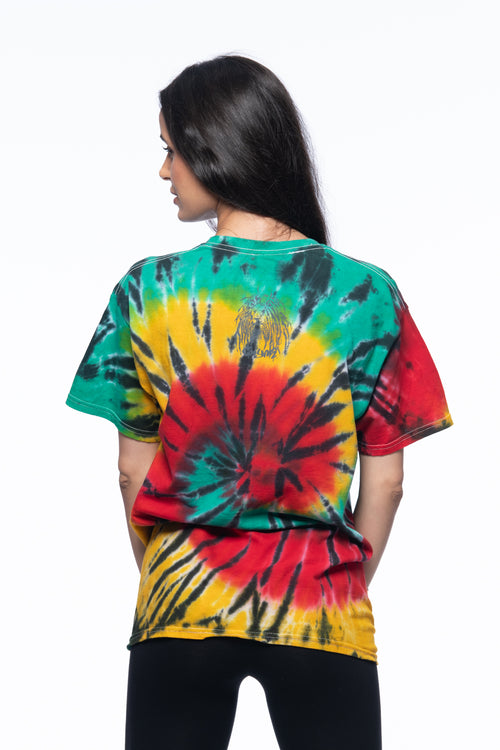 Cooyah Jamaica. Women's Tie-Dye shirt with Rasta Lion with dreads. Reggae rootswear clothing brand. Red, gold, and green. IRIE