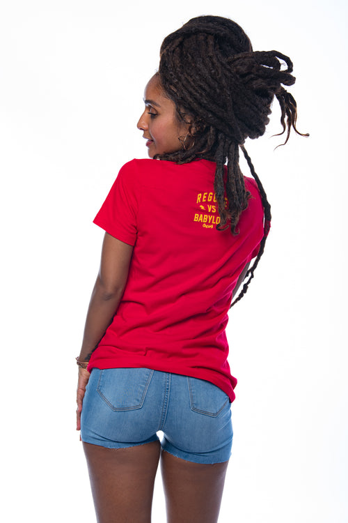 Cooyah Jamaica. Reggae VS Babylon tee in red. Women's short sleeve, ring spun cotton t-shirt. Jamaican streetwear clothing brand.