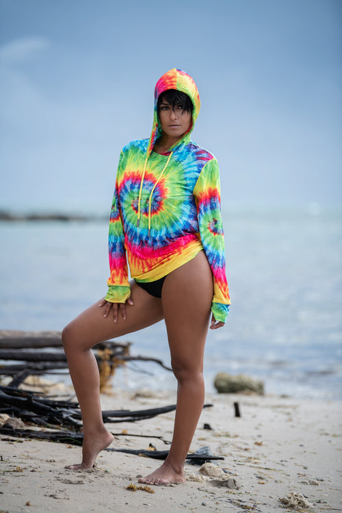 Cooyah Jamaica.  This colorful tie-dye UV protected hoodie is great for the beach and traveling - helps you stay cool and protected year-round!   Jamaican beachwear clothing brand.