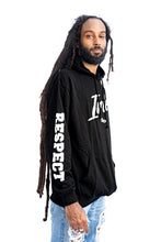 Load image into Gallery viewer, Irie hoodie with Respect screen printed on the sleeve 
