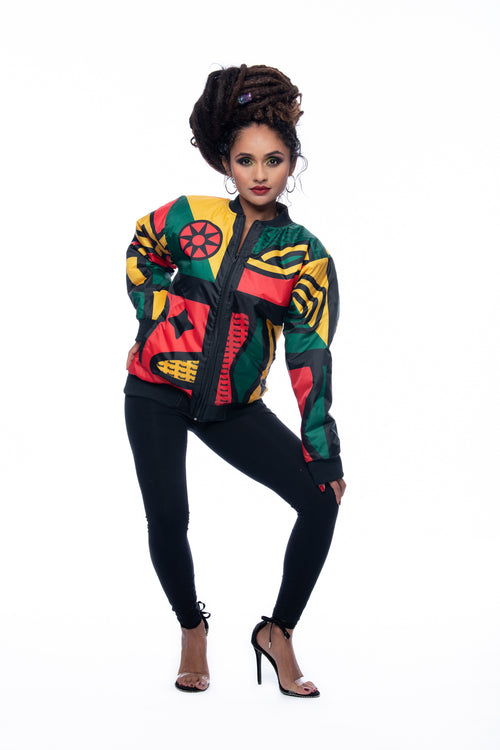 Model wearing Cooyah Africa Jacket in colorful 90s Afrocentric bomber style
