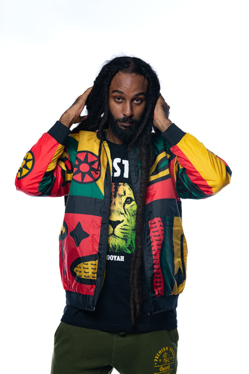 Front view of Cooyah Africa Jacket featuring bold red, yellow, and green graphic design