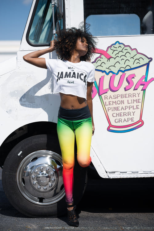 Cooyah Clothing. Made in Jamaica women's white crop top graphic tee with black screen print. Ringspun cotton, short sleeve, crew neck t-shirt. Jamaican clothing brand.