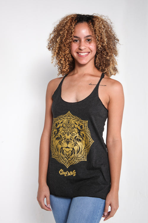 Cooyah Clothing. Gold Lion Mandala on a black racerback tank top. As a Jamaican owned clothing brand since 1987, we take pride in bringing you this classic shirt