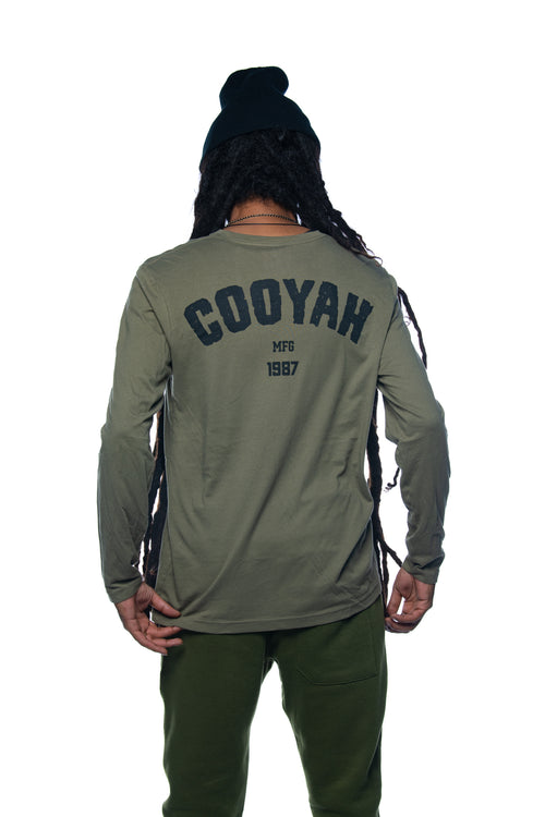 Cooyah - men's olive green long sleeve graphic tee.