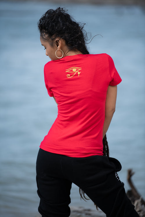 Cooyah Jamaica. Women's red Third Eye Gangsta tee. Short sleeve, ringspun cotton. Jamaican clothing brand.