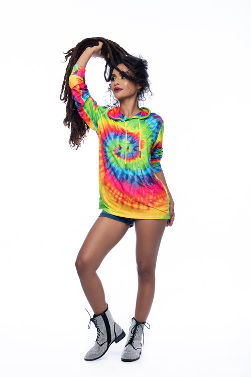 Cooyah Jamaica. This colorful tie-dye UV protected hoodie is great for the beach and traveling - helps you stay cool and protected year-round! Jamaican beachwear clothing brand.