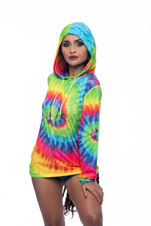 Cooyah Jamaica. This colorful tie-dye UV protected hoodie is great for the beach and traveling - helps you stay cool and protected year-round! Jamaican beachwear clothing brand.