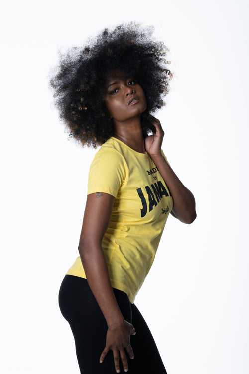 Cooyah Made in Jamaica women's fitted t-shirt with black graphic screen printed on the front.As a Jamaican owned clothing brand since 1987, we take pride in bringing you this classic top.