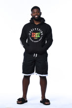 Load image into Gallery viewer, Cooyah Jamaica. Everything Irie Men&#39;s pullover black hoodie. Screen printed in rasta colors. Jamaican streetwear clothing.
