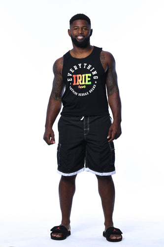 Cooyah Jamaica.  Everything Irie men's black tank top with reggae graphics.  Jamaican streetwear clothing.