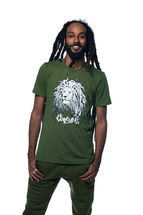 Cooyah Jamaica. Men's Rasta Lion with Dreads graphic tee in olive green. Jamaican reggae clothing brand.