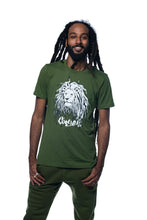 Load image into Gallery viewer, Cooyah Jamaica. Men&#39;s Rasta Lion with Dreads graphic tee in olive green. Jamaican reggae clothing brand.
