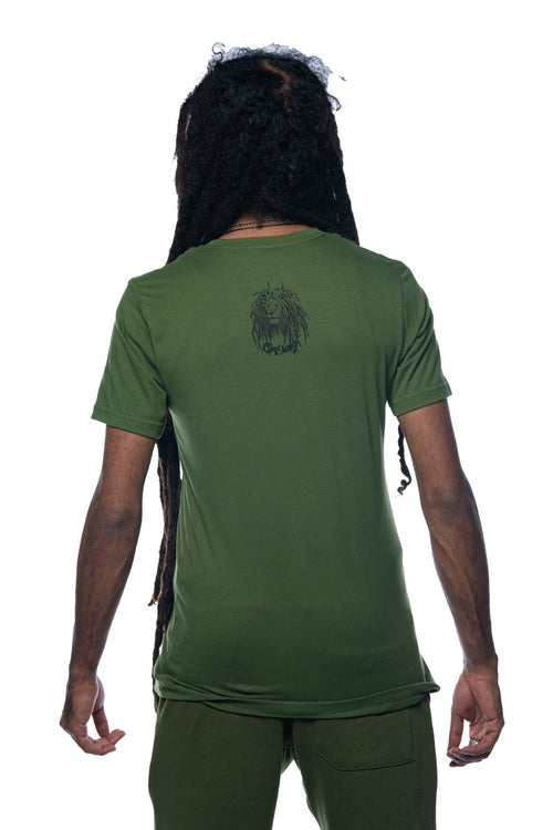 Cooyah Jamaica. Men's Rasta Lion with Dreads graphic tee in olive green. Jamaican reggae clothing brand.