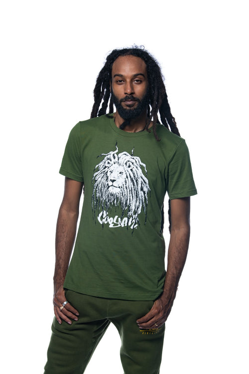 Cooyah Jamaica. Men's Rasta Lion with Dreads graphic tee in olive green.   Jamaican reggae clothing brand.