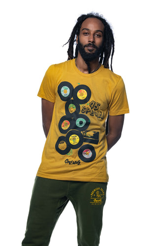 Cooyah Jamaica. Men 's short sleeve graphic tee with 45 RPM Vinyl records screen printed on the front.  Vintage reggae and rocksteady style.  Mustard Yellow Shirt, short sleeve, ringspun cotton.  Jamaican streetwear clothing brand.  IRIE
